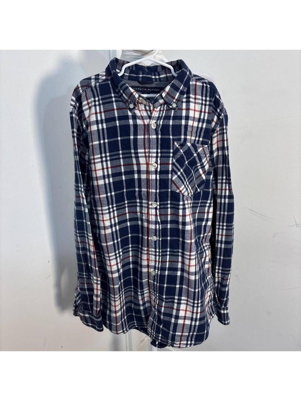 Boys Large 16/18 Navy Flannel Plaid LS Button Down Shirt